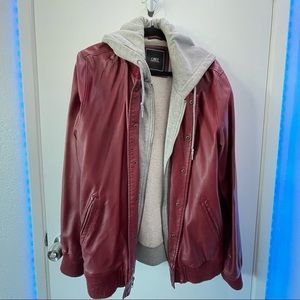 obey maroon faux leather jacket w/ hoodie lining